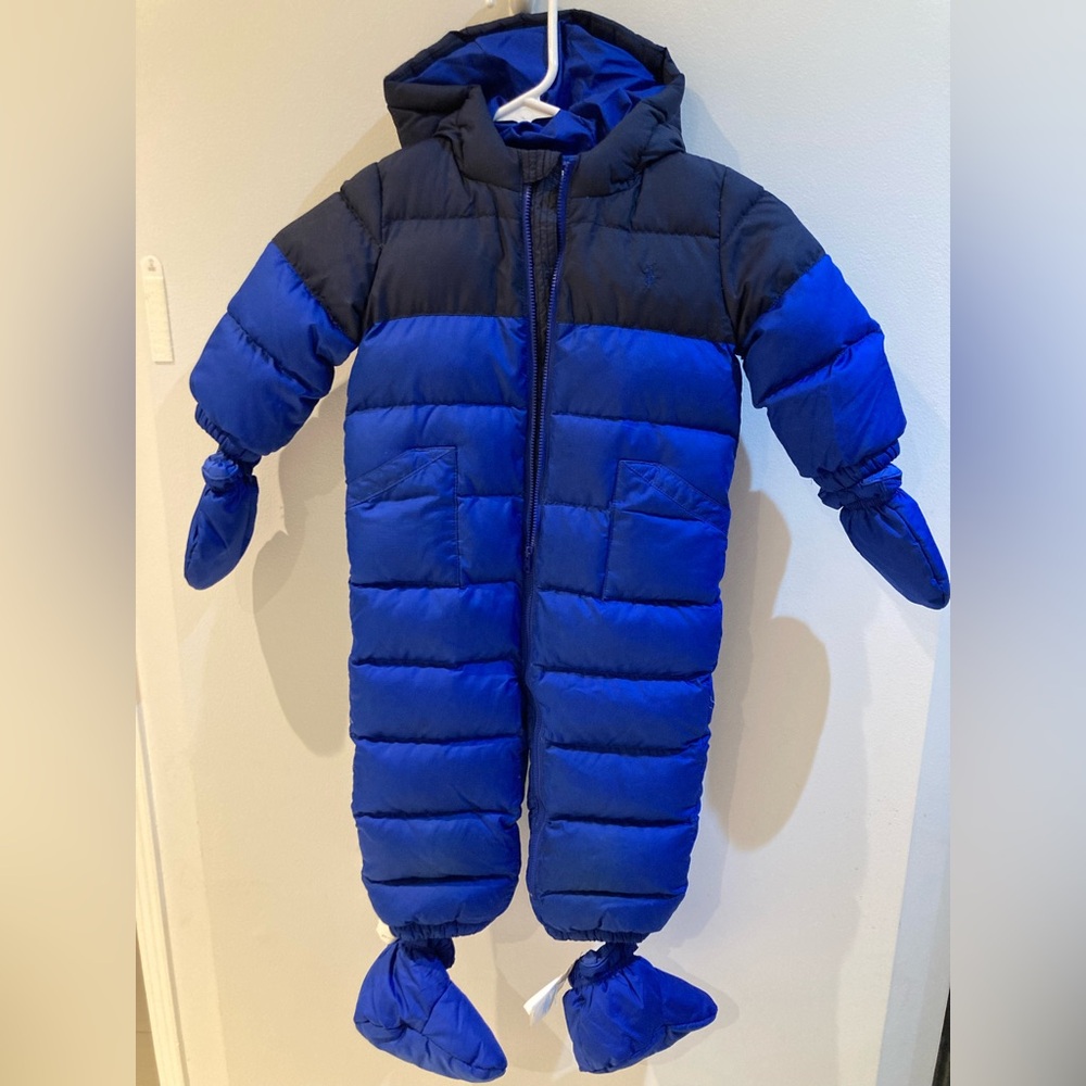 Polo by Ralph Lauren Blue and Black Puffer One-Piece Snowsuit